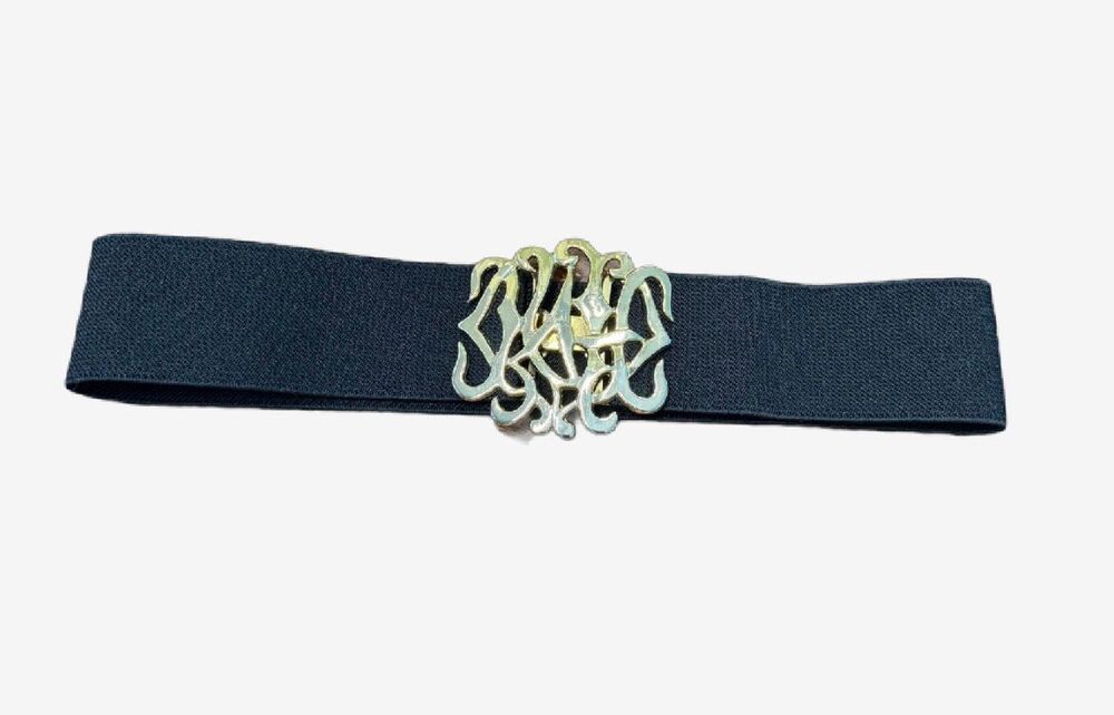 Vintage 80s Black Elastic Stretch Cinch Belt Ornate Metal Filigree Buckle